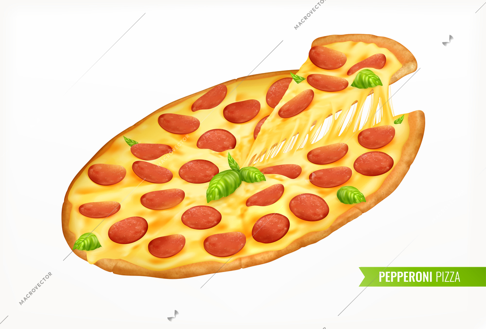 Hot pizza with piece realistic composition with image of round pepperoni with slice on blank background vector illustration