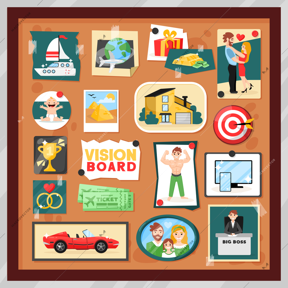 Dreams vision board composition with set of pinned cartoon style photos and images inside square frame vector illustration