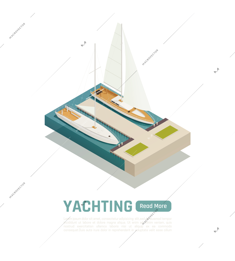 Isometric and colored yachting banner with two yachts anchored and read more button vector illustration