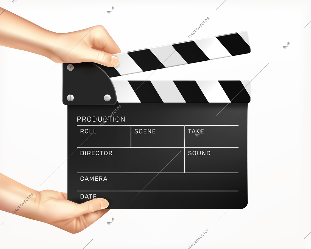 Clapper board in hands realistic composition with images of human hands holding clapper with empty text fields vector illustration