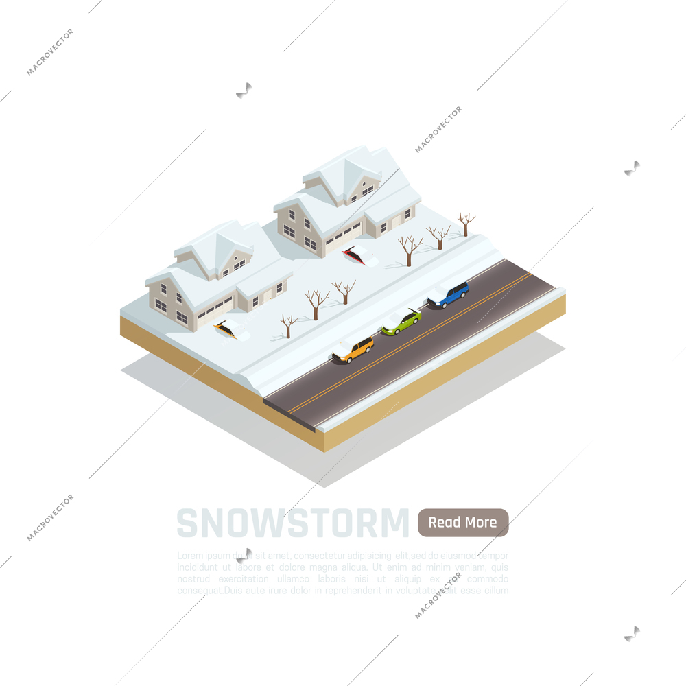 Natural disaster isometric isolated composition with snowstorm in the city description and read more button vector illustration