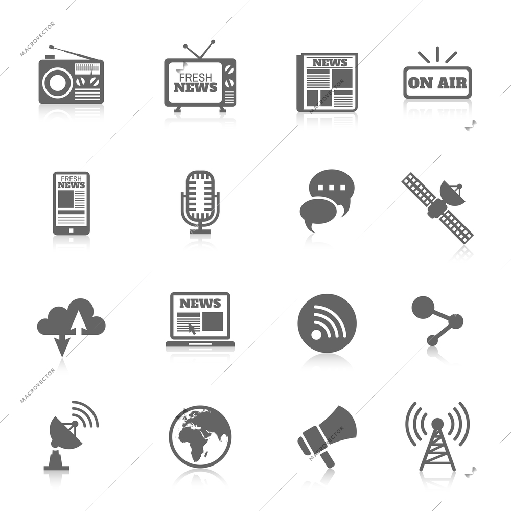 Set of media news tv global technology icons concept of newspaper wireless radio communication vector illustration