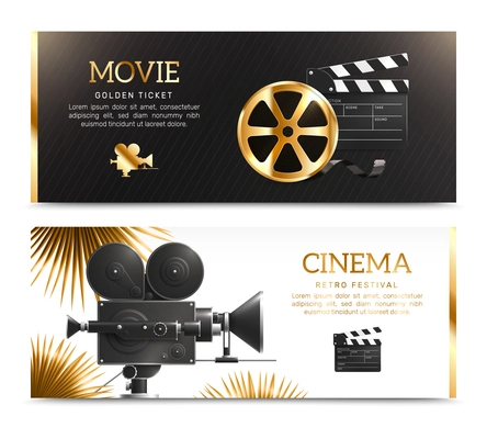 Cinema film production realistic horizontal banners collection with editable text and golden images of reel and clapper vector illustration