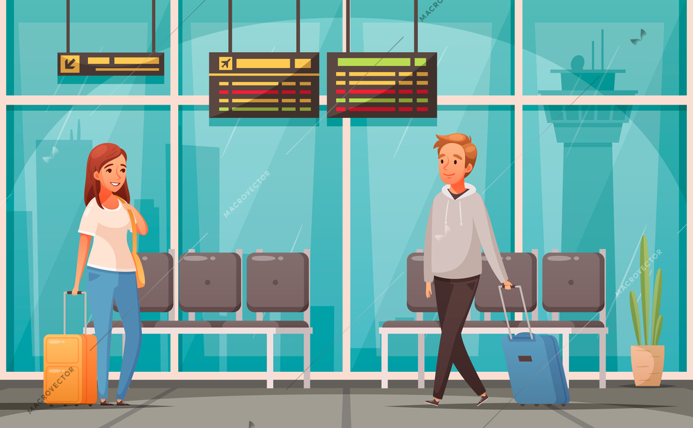Cartoon background with two passengers with suitcases in airport waiting hall vector illustration