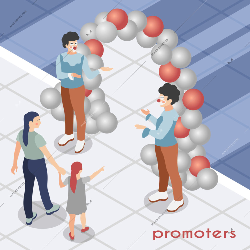 Promoters isometric background with people in clown costumes beckoning passers to opening of new store vector illustration