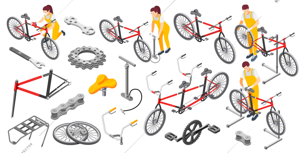 Bicycle repair male female mechanics service isometric set with tandem bike pump saddle wheels frame vector illustration