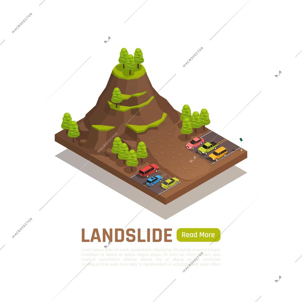 Colored isolated and isometric natural disaster concept with landslide description and button vector illustration