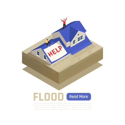 Natural disaster isolated and colored composition with flood headline and blue read more button vector illustration