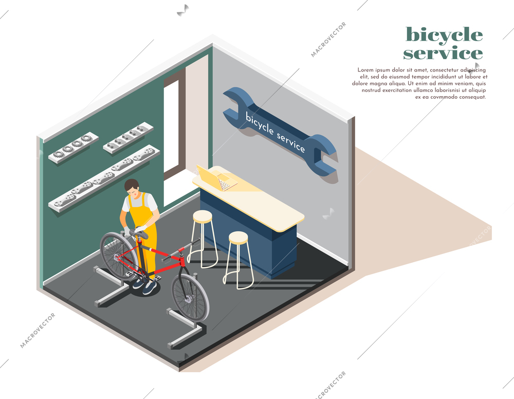 Bicycle repair maintenance service shop interior isometric composition with repairman replacing wheels adjusting saddle advertising vector illustration