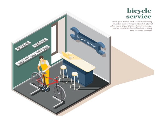 Bicycle repair maintenance service shop interior isometric composition with repairman replacing wheels adjusting saddle advertising vector illustration