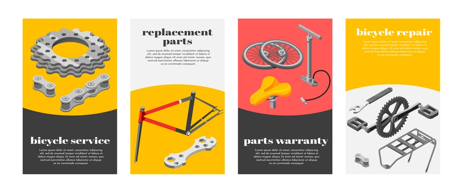 Bicycle repair maintenance service 4 isometric advertising posters set with defective parts replacement warranty isolated vector illustration