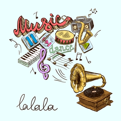 Music gramophone background with color retro vintage icons in sketch style vector illustration