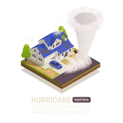 Colored isometric natural disaster composition with hurricane description and read more button vector illustration