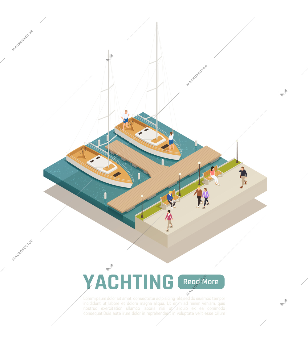 Colored and isometric yachting composition with two boats moored at the wharf vector illustration