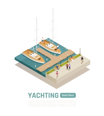 Colored and isometric yachting composition with two boats moored at the wharf vector illustration