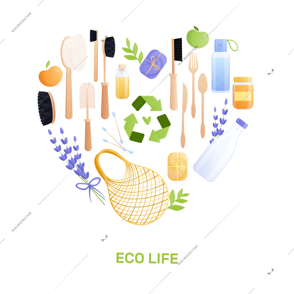 Eco goods flat composition with heart shaped set of isolated recyclable items and editable text vector illustration