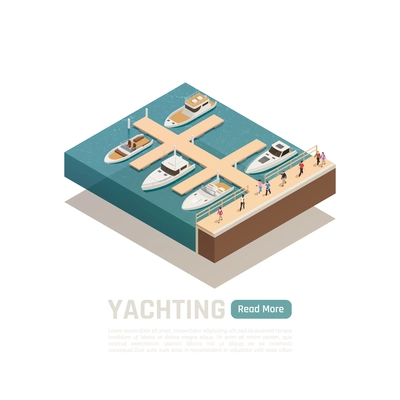 Yachting isometric colored composition with five different boats and green read more button vector illustration