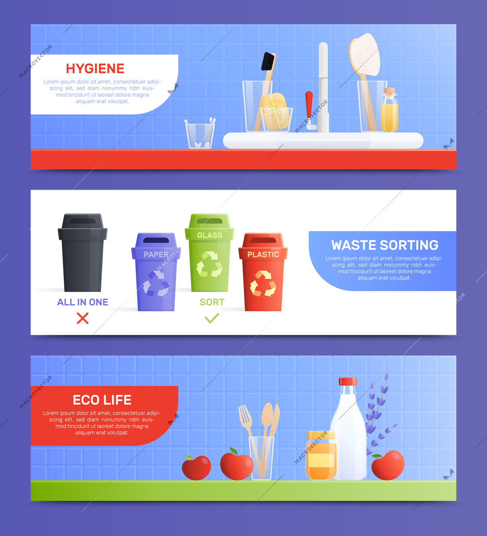 Eco goods flat horizontal banners collection with editable text and isolated images of items trash bins vector illustration