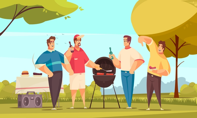 Bbq friends composition with outdoor scenery and doodle style characters group of four friends eating barbecue vector illustration