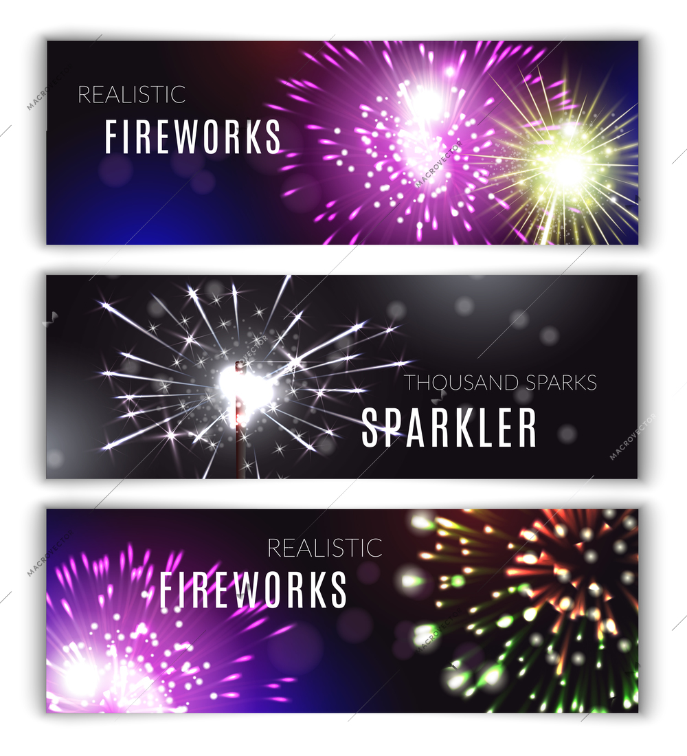 Fireworks horizontal banners realistic set with sparkler symbols isolated vector illustration