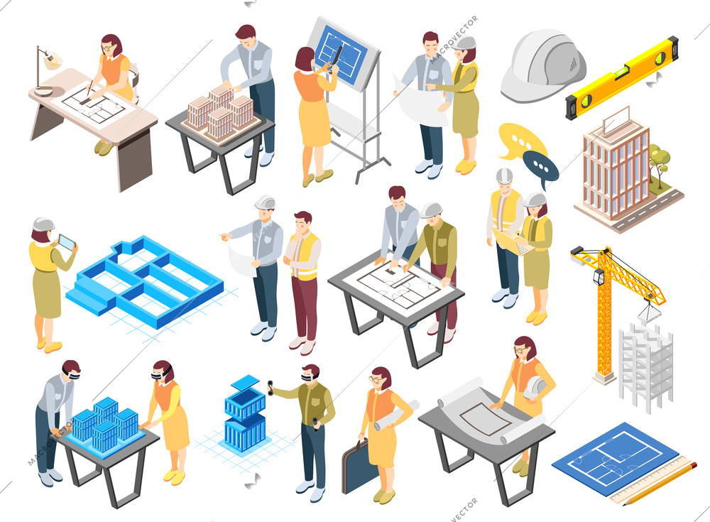 Architects engineers isometric icons set with office planning sketching drawing work construction site supervision recolor vector illustration