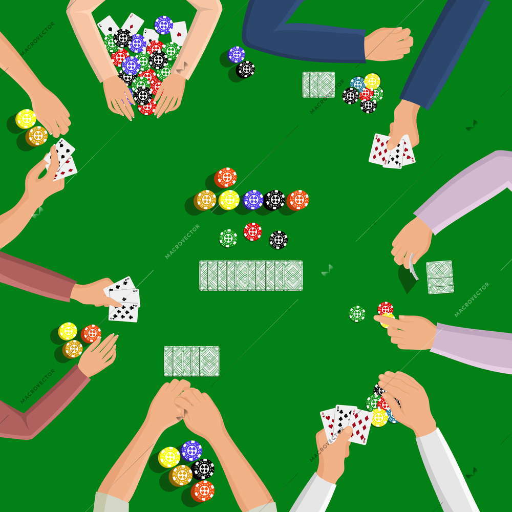 People playing in poker game on the green table with hand and card vector illustration