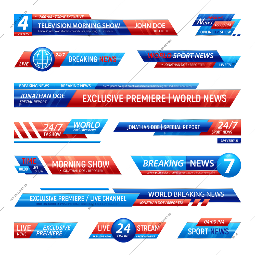 Breaking news television channel broadcasting set of isolated solid plates for vfx bars with editable text vector illustration