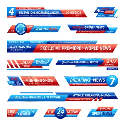 Breaking news television channel broadcasting set of isolated solid plates for vfx bars with editable text vector illustration