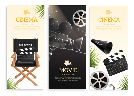 Set of three isolated cinema film production realistic vertical banners with editable text logo and images vector illustration