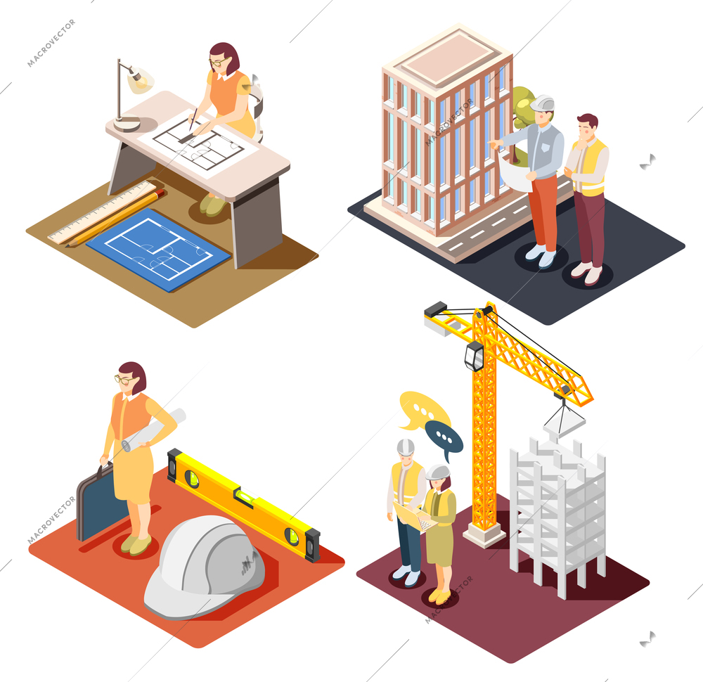 Architectural engineers work concept 4 isometric compositions with panning design technical drawing buildings construction supervision vector illustration