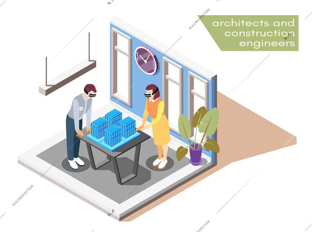 Virtual reality technology in architecture isometric composition with construction engineers in vr glasses visualizing buildings vector illustration