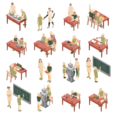 Children technical training centers  isometric set with robotic systems programming assembling chemistry classes recolor isolated vector illustration