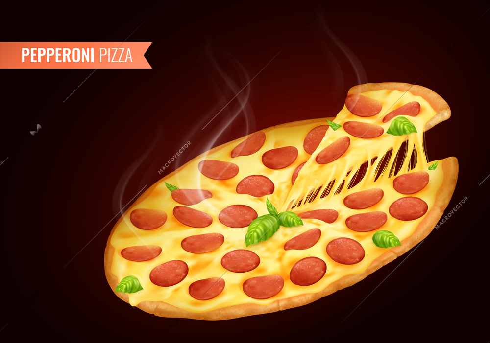 Hot pizza with piece composition with realistic images of whole pepperoni with slice and editable text vector illustration