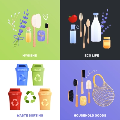 Eco goods 2x2 compositions set with isolated flat images of recyclable everyday objects with editable text vector illustration