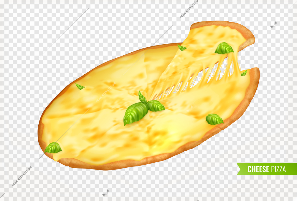 Hot pizza with piece realistic composition on transparent background with cheese pizza and slice with text vector illustration