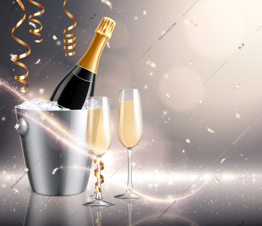 Champagne holiday background composition with realistic images of bucket filled with ice and bottles with drinking glasses vector illustration