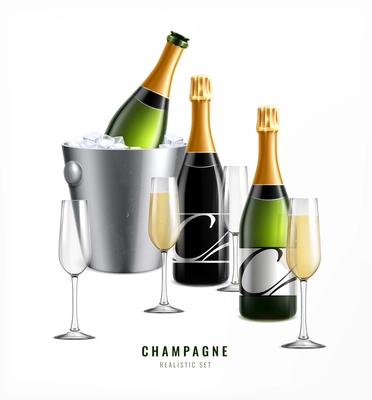Champagne realistic composition with text and images of glasses with ice bucket and bottles of premium champagne vector illustration