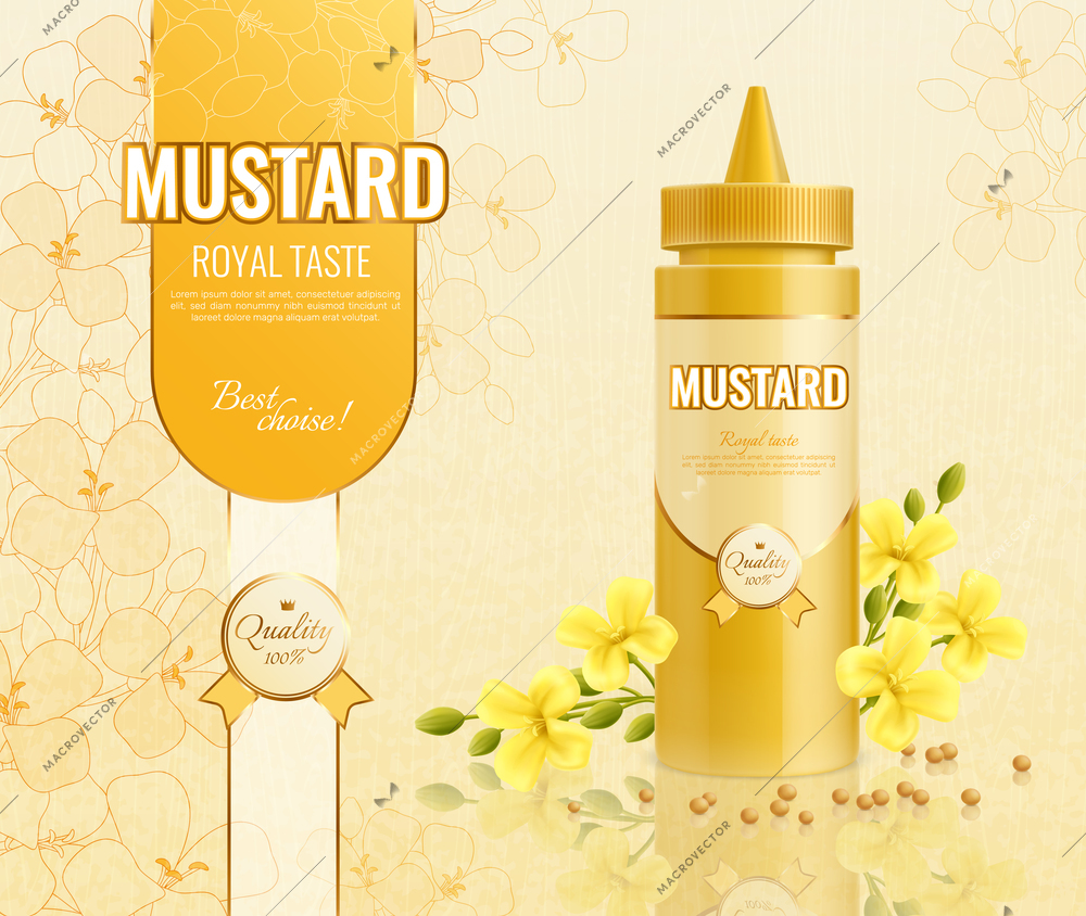 Mustard advertising composition with realistic images of plastic package text and flowers with seeds and sprouts vector illustration