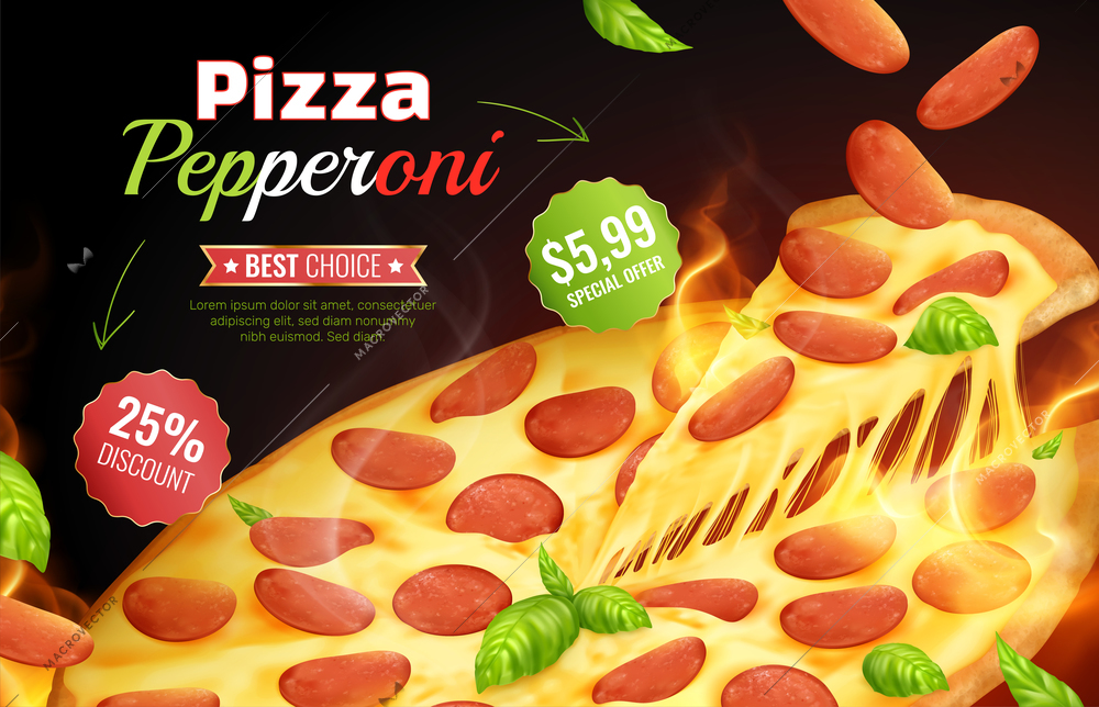 Pizza advertising composition with realistic image of pizza slice with editable text and badges with price vector illustration