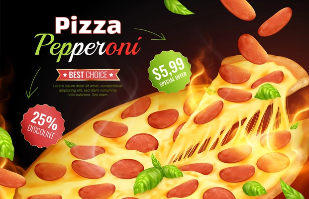 Pizza advertising composition with realistic image of pizza slice with editable text and badges with price vector illustration