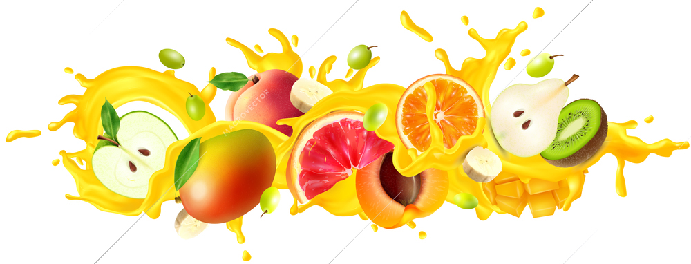 Juice spray and fruit concept with apple orange and peach realistic vector illustration