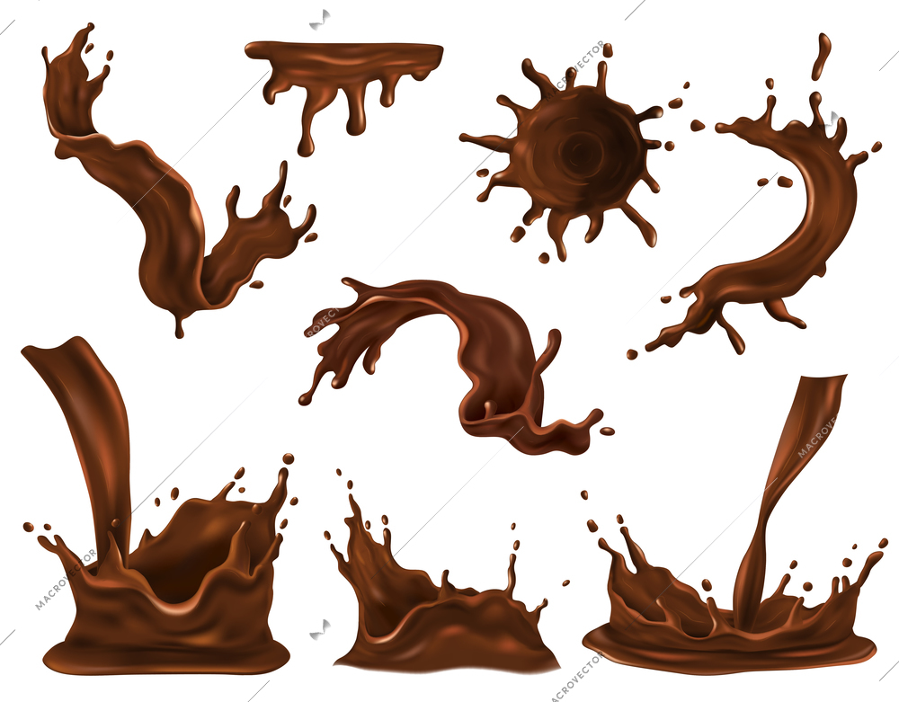 Chocolate splash swirl and drop realistic set isolated vector illustration