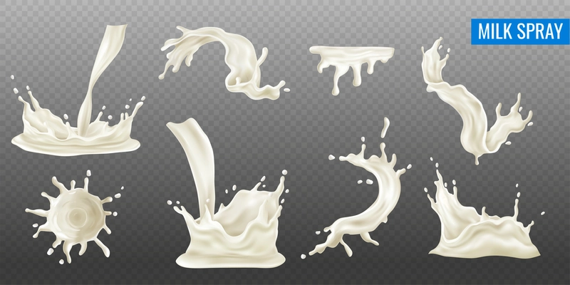 Milk splash and spray realistic transparent set isolated vector illustration