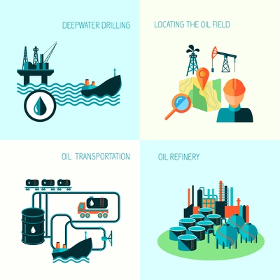 Oil industry business concept of gasoline diesel production fuel distribution and transportation four icons composition vector illustration