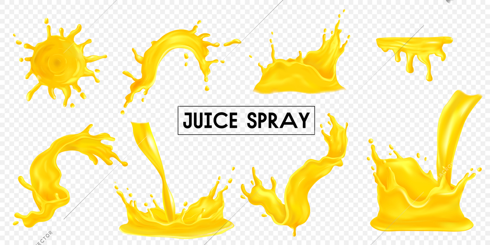 Juice spray and drop realistic transparent set isolated vector illustration