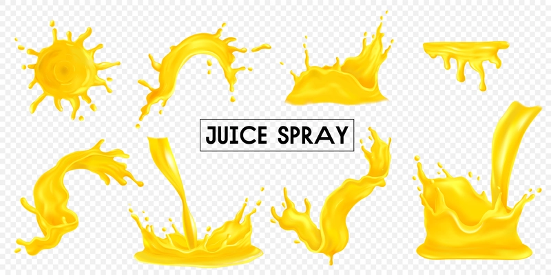 Juice spray and drop realistic transparent set isolated vector illustration