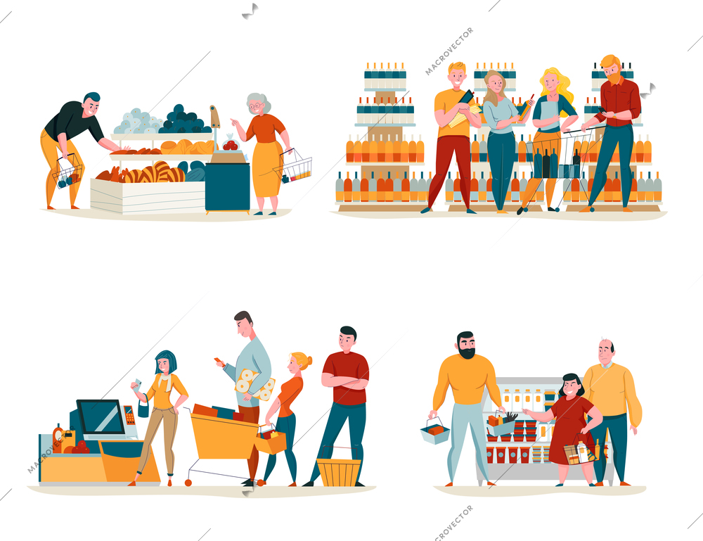 Supermarket concept icons set with shopping symbols flat isolated vector illustration