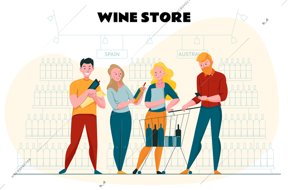 Supermarket and chopping poster with wine store symbols flat vector illustration