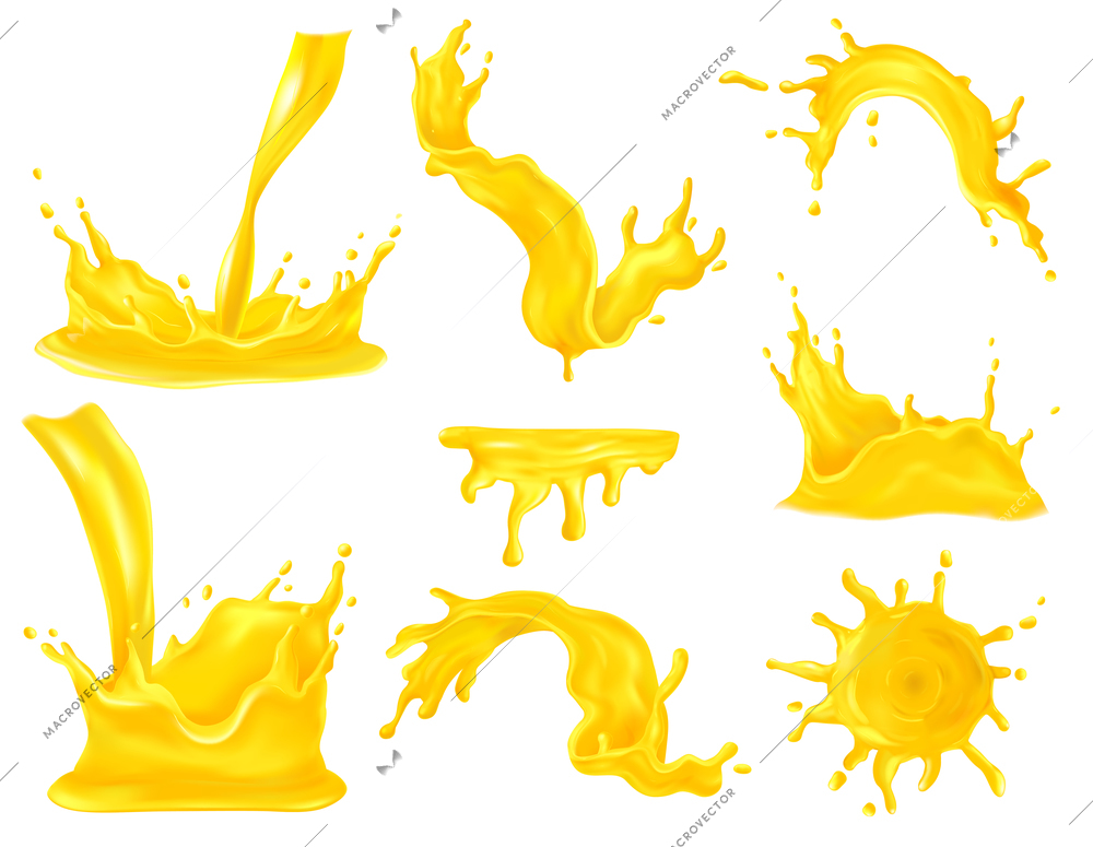 Fruit juice spray and splash realistic set isolated vector illustration