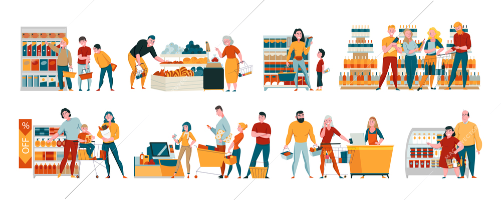 Supermarket and customers horizontal set with shopping and discount symbols flat isolated vector illustration